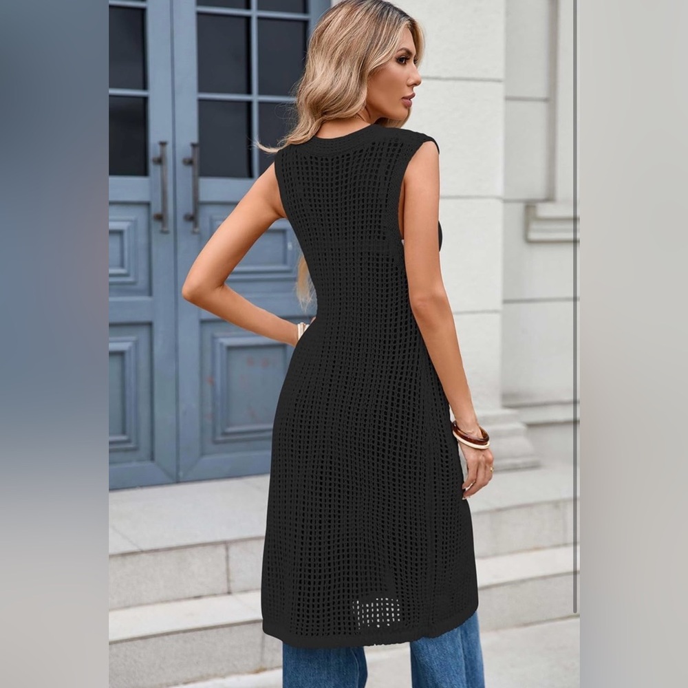 Black Crochet Maxi Vest Cover Up Button Down Gold Buttons XL NWOT - Picture 6 of 16